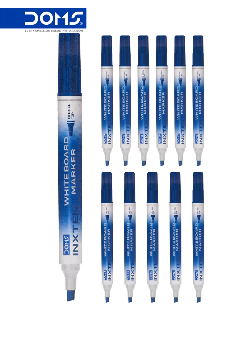 DOMS Whiteboard Marker Pen, Chisel Tip, Blue Ink, INXTEN Series, Pack of 12 - Image 1